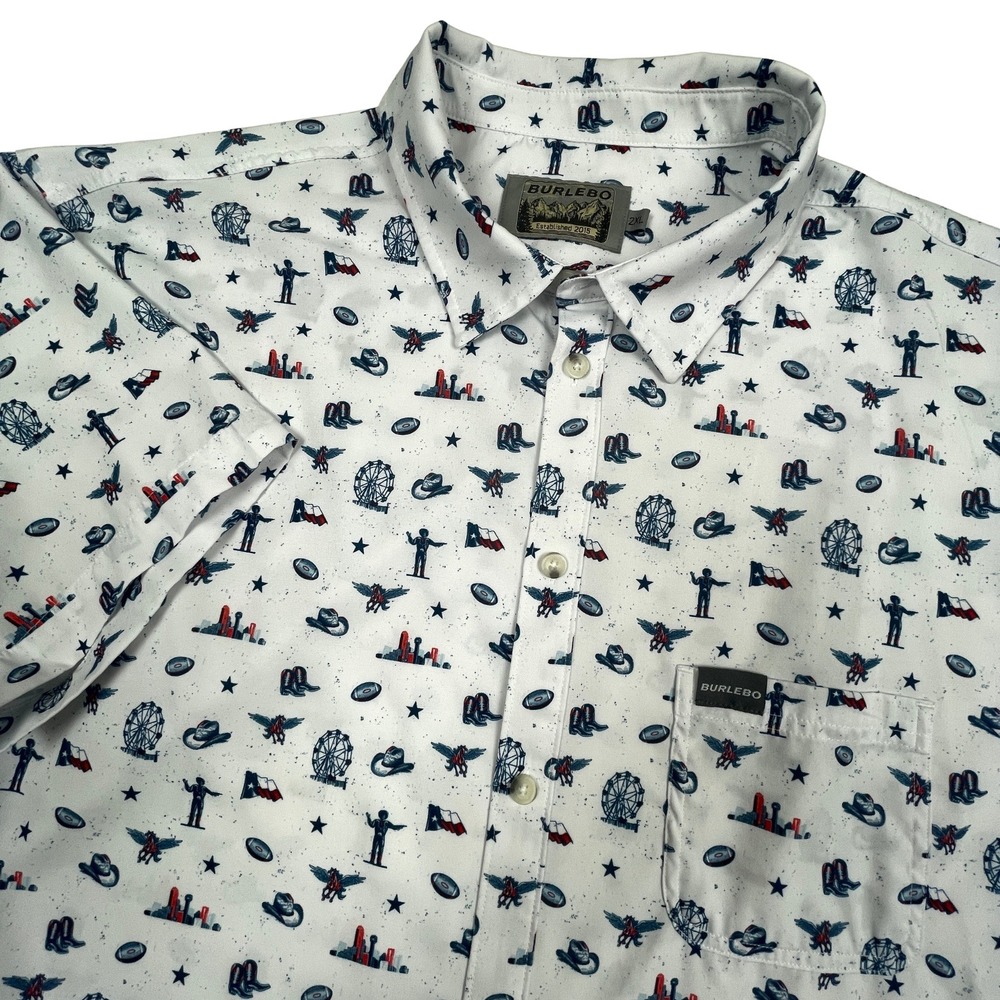 Burlebo Mens 2XL White Texas Lone Star Performance Stretch Button Down Shirt EUC